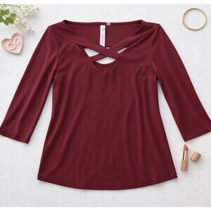 NY Collection Burgundy Crisscross Top XS Stretch 3/4 Sleeve Cutout Blouse